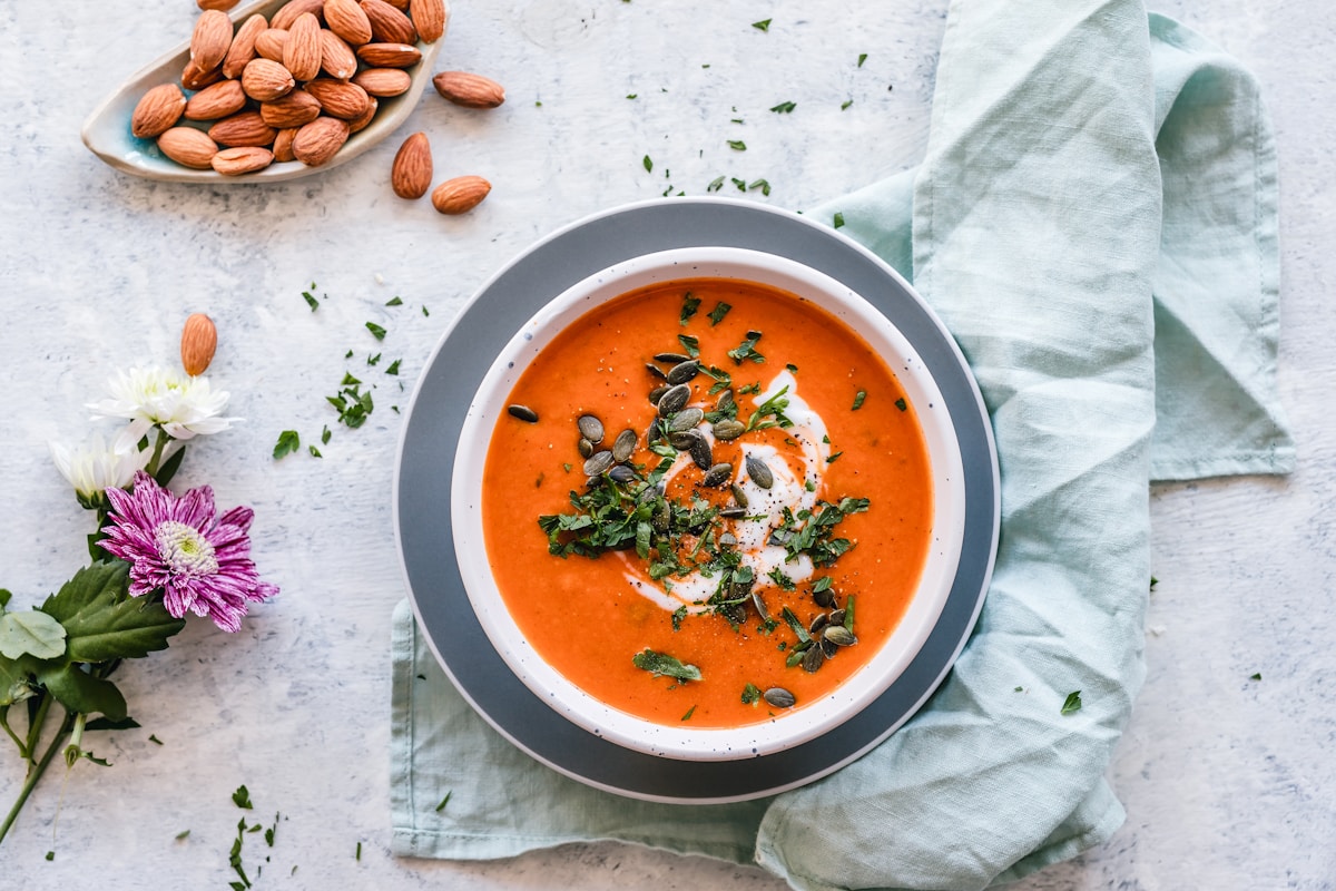A warm bowl of soup on a kitchen counter