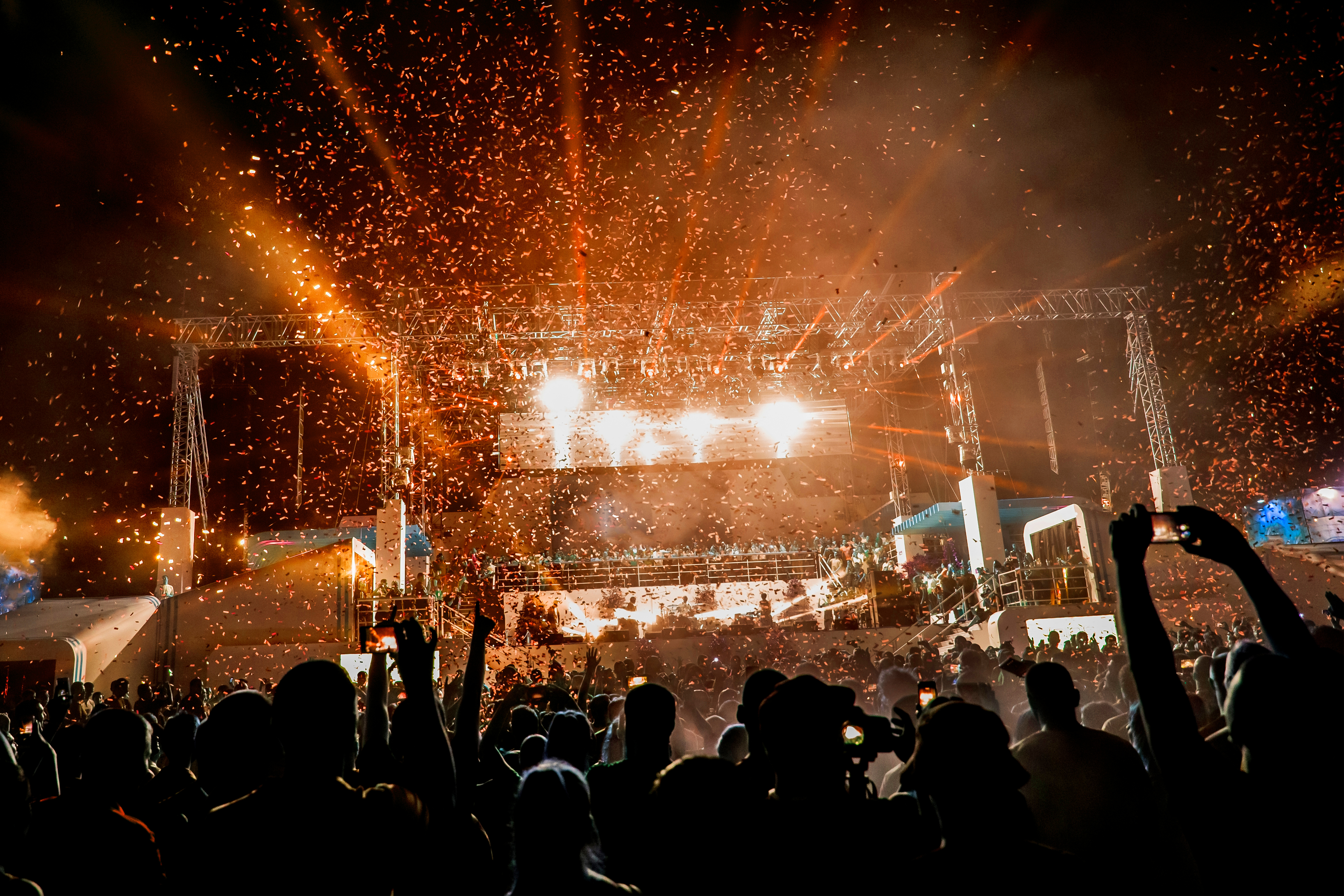 A music stage lit with colored lights